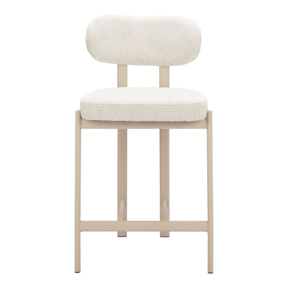 Beige bar stool with white cushioned seat and backrest on a white background