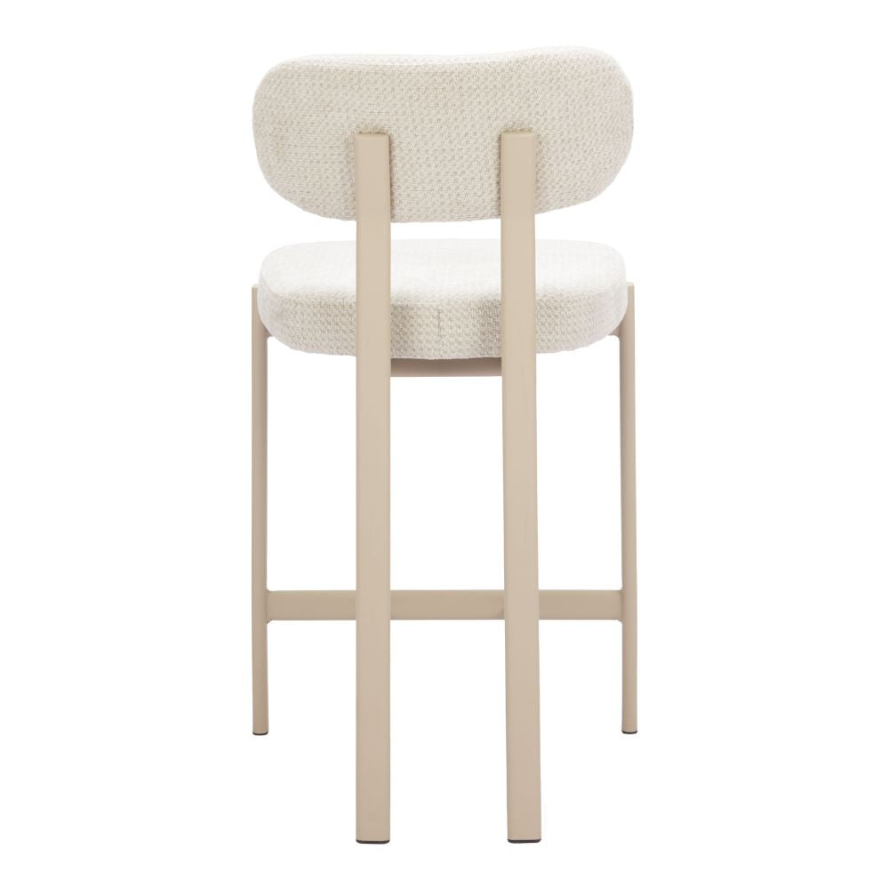 Beige bar stool with white cushioned seat on a white background