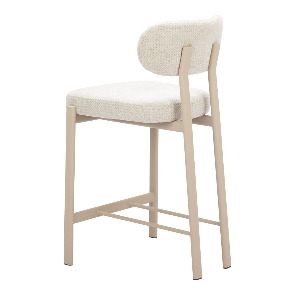 Beige bar stool with white cushioned seat on a white background