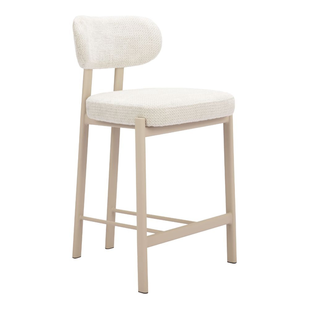 Beige bar stool with white cushioned seat and backrest on a white background