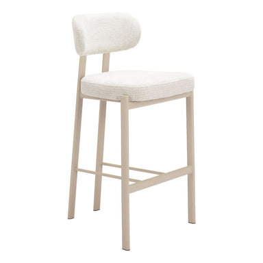 White bar stool with cushioned seat and backrest on a white background