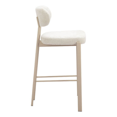 Beige bar stool with white cushioned seat on a white background