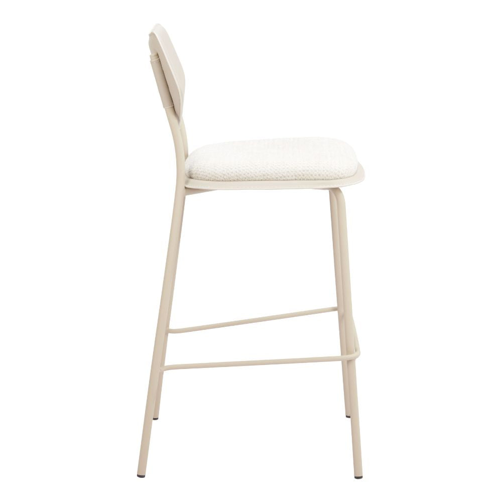 Beige bar stool with white cushioned seat on a white background