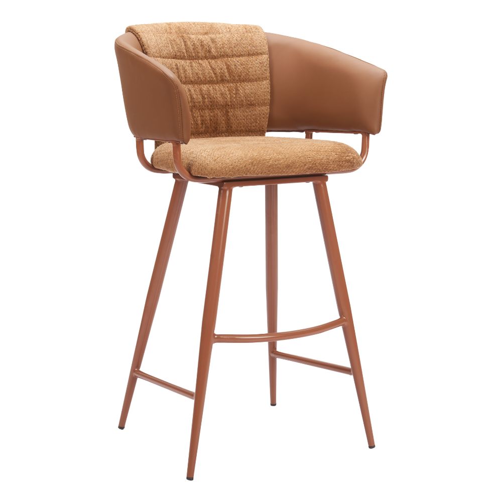 Brown bar stool with cushioned seat and backrest on a white background