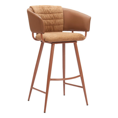 Brown bar stool with cushioned seat and backrest on a white background