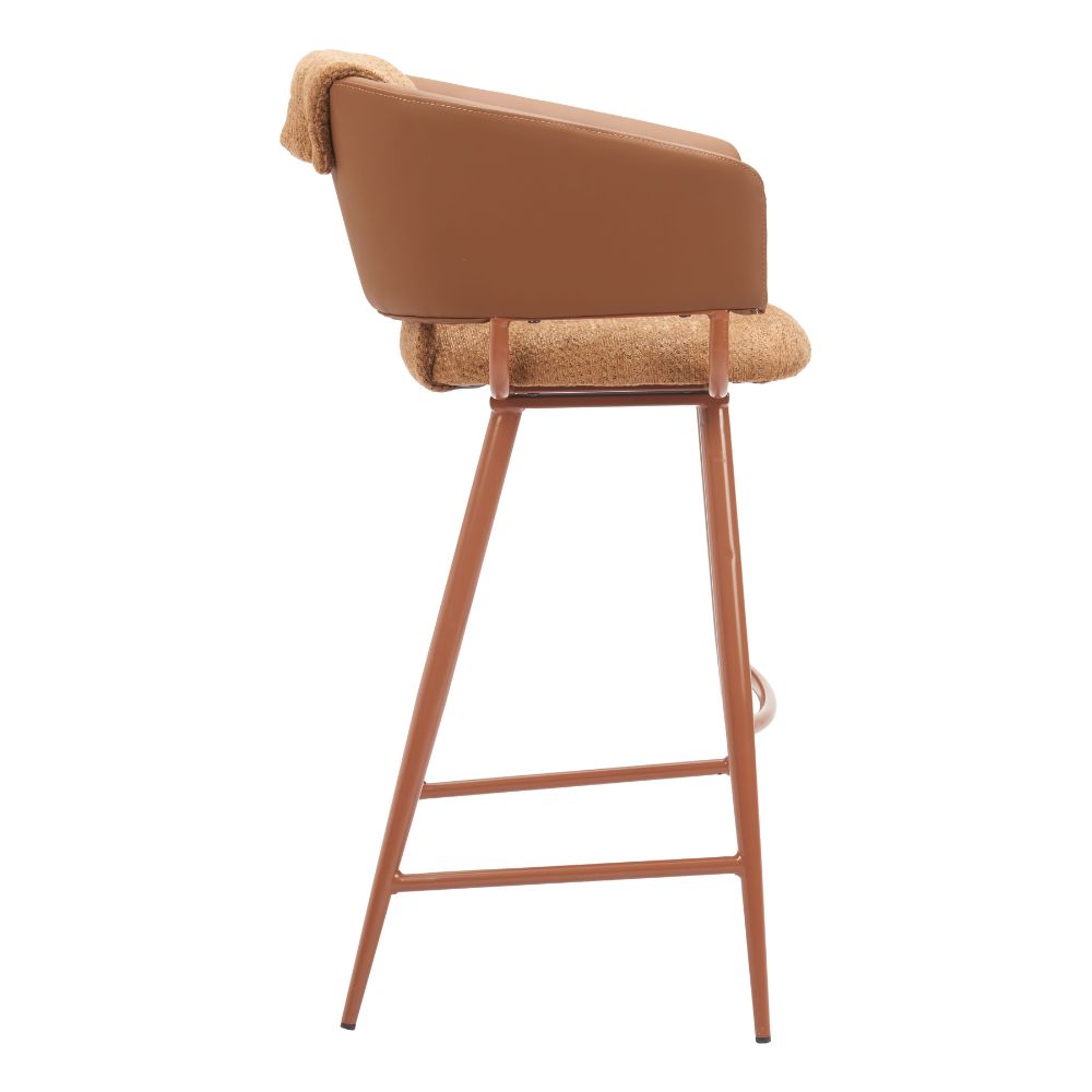Brown bar stool with woven backrest on a white background