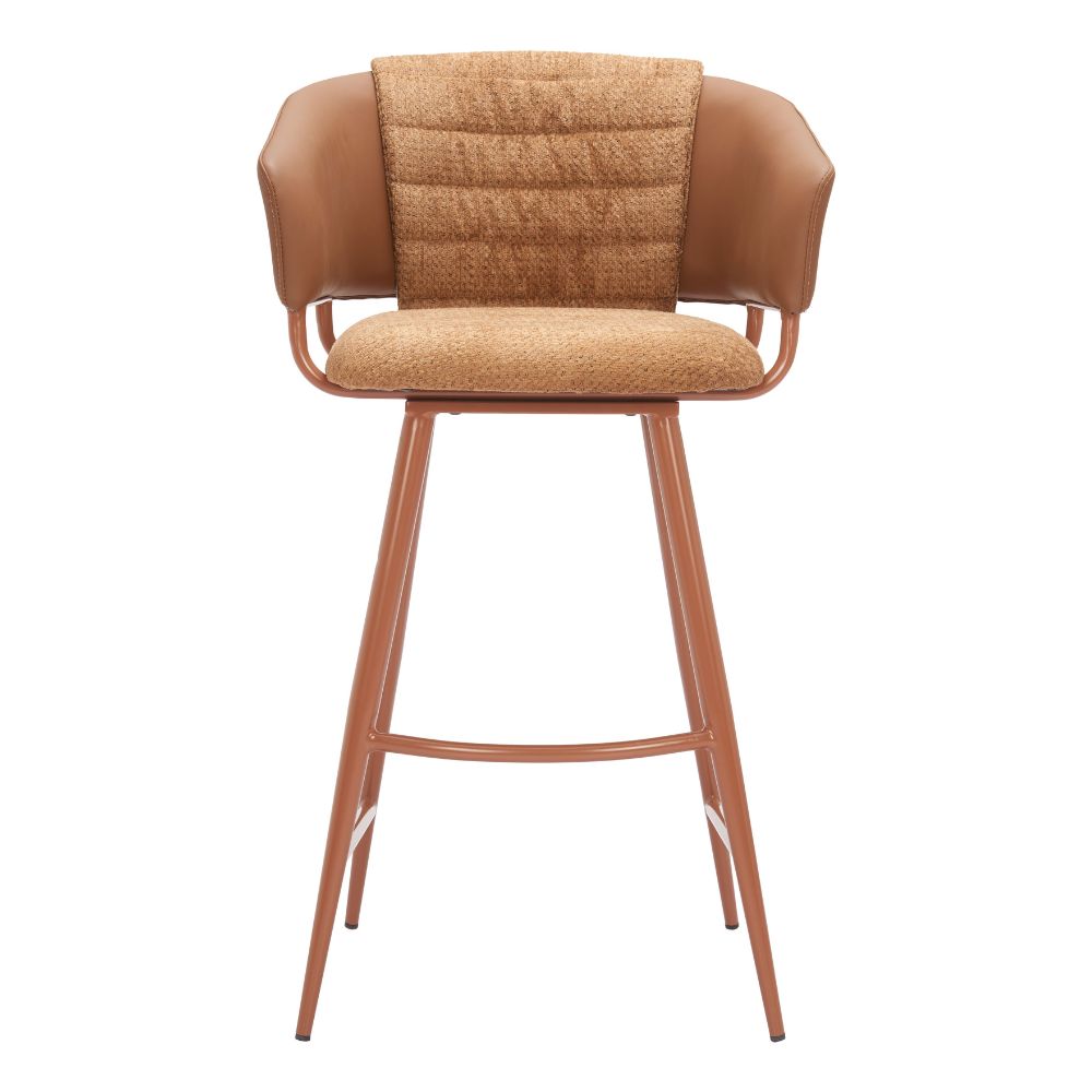 Brown bar stool with cushioned seat and backrest on a white background