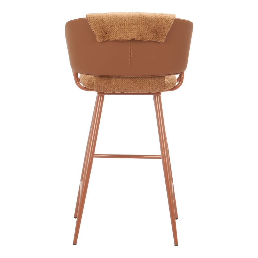 Brown bar stool with woven seat on a white background