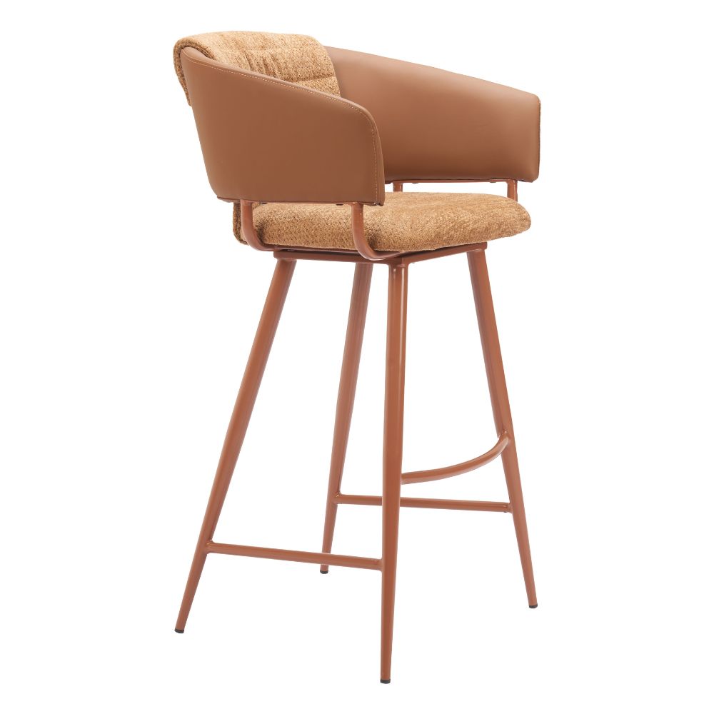 Brown bar stool with woven seat on a white background