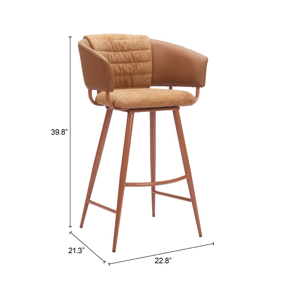 Brown bar stool with dimensions on a white background