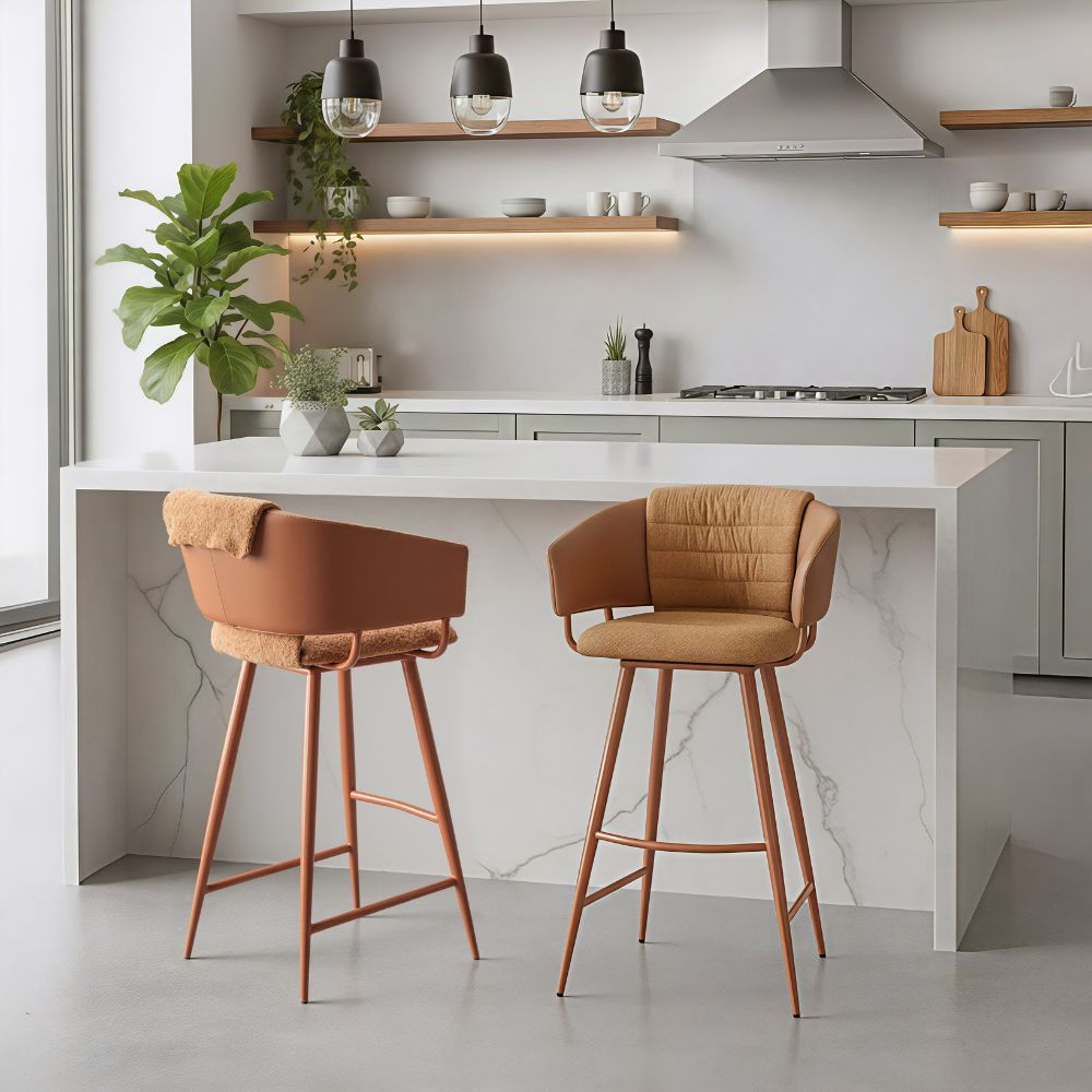 Modern kitchen with white island, brown bar stools, and light gray floor.