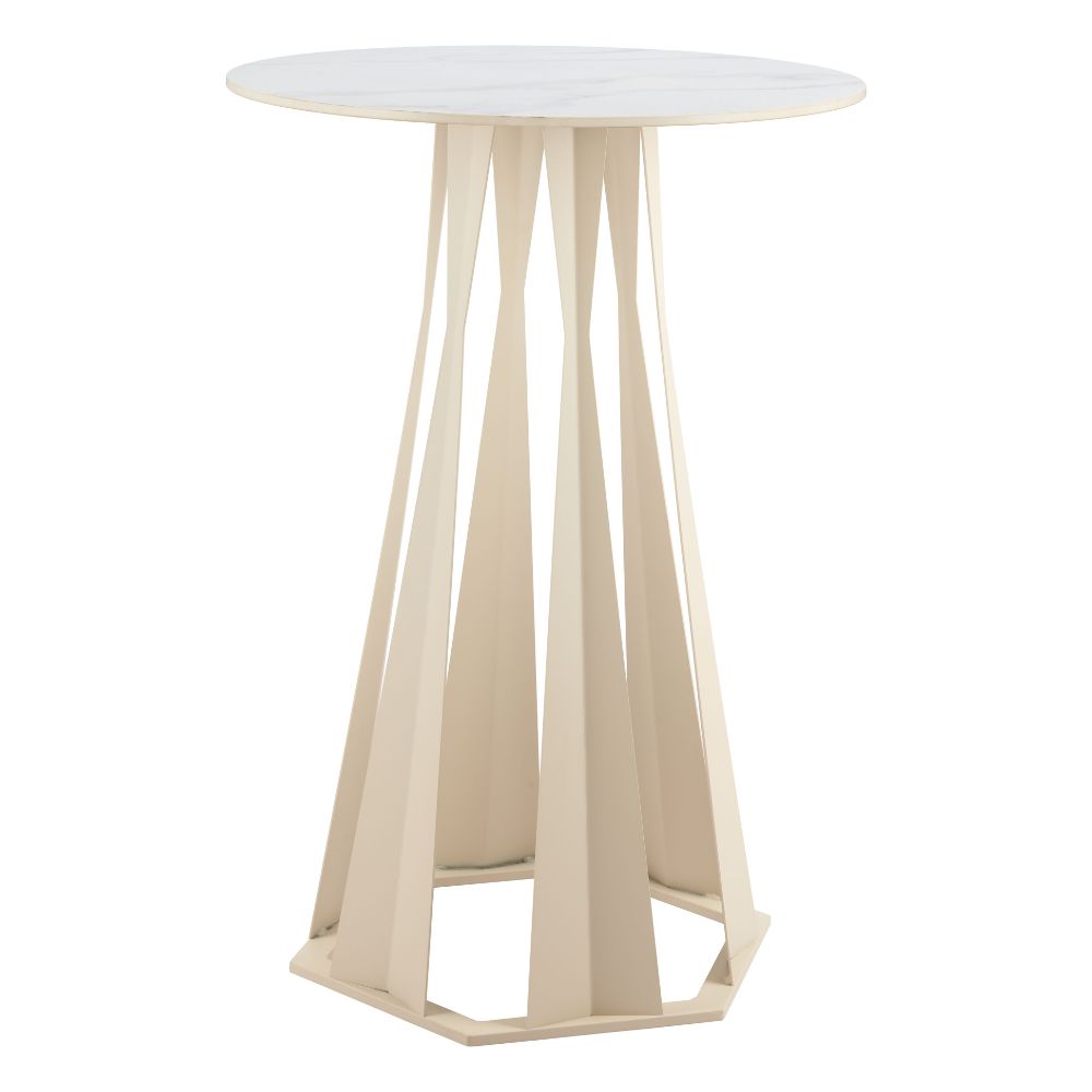 Beige side table with a white round top on a white background