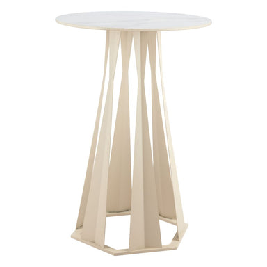 Beige side table with a white round top on a white background