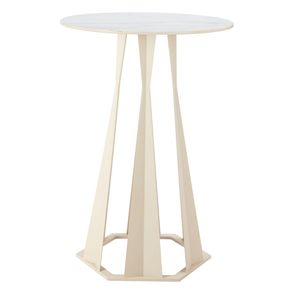 Beige side table with a white round top on a white background