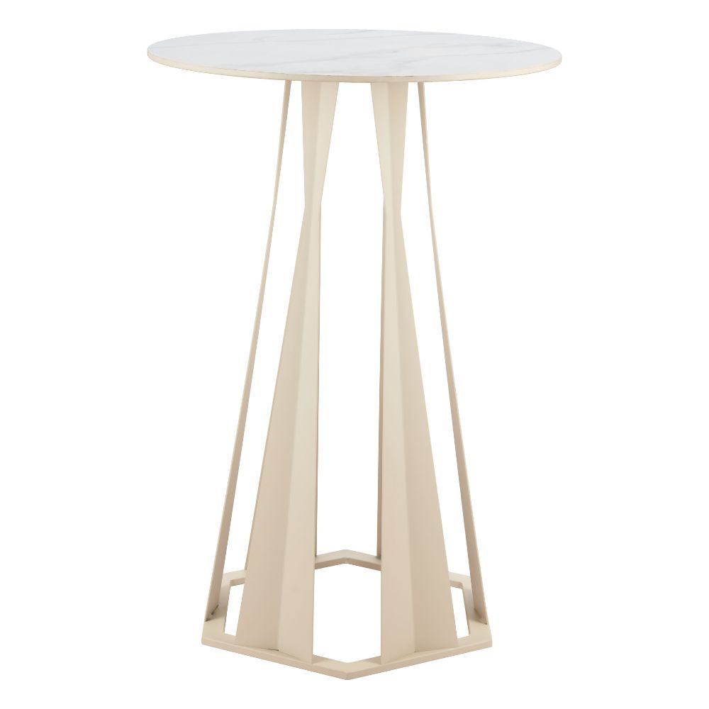 Beige high table with a white round top on a white background