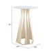 Beige side table with dimensions on a white background