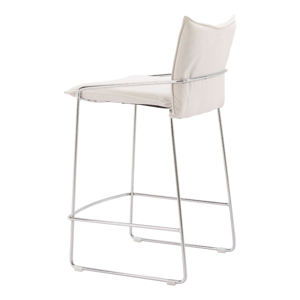 Bar stool with white cushioned seat and backrest on a white background