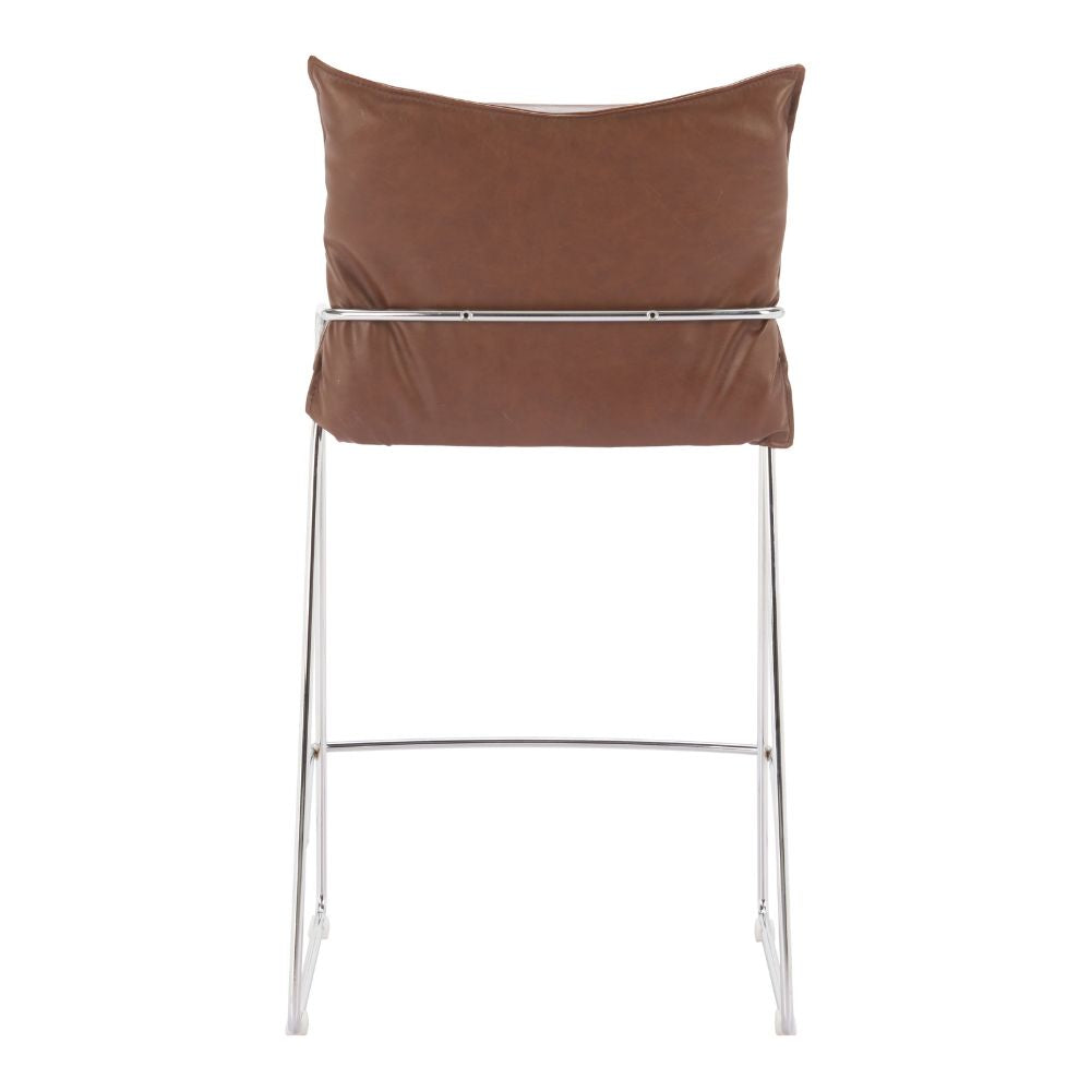 Brown cushioned bar stool with metal frame on a white background