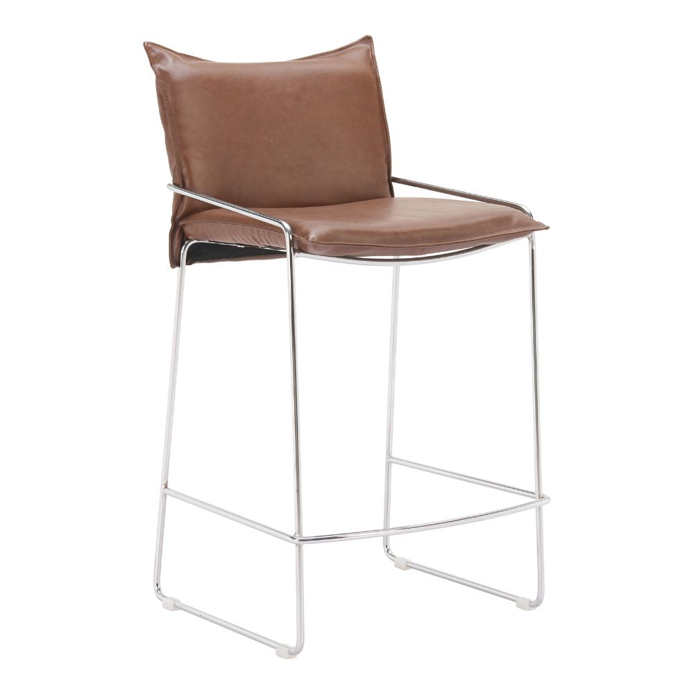 Brown leather bar stool with metal frame on a white background