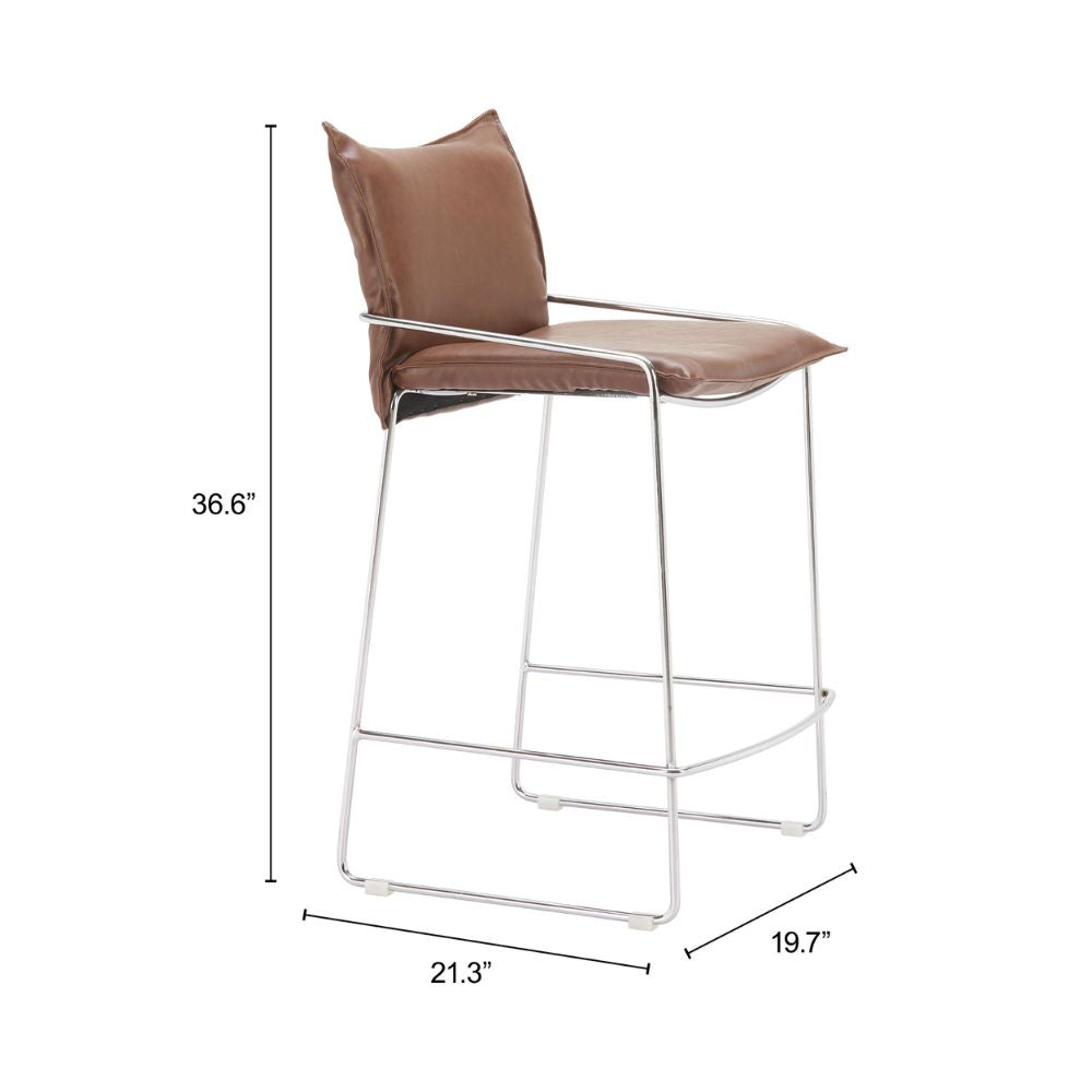 Brown bar stool with dimensions on a white background