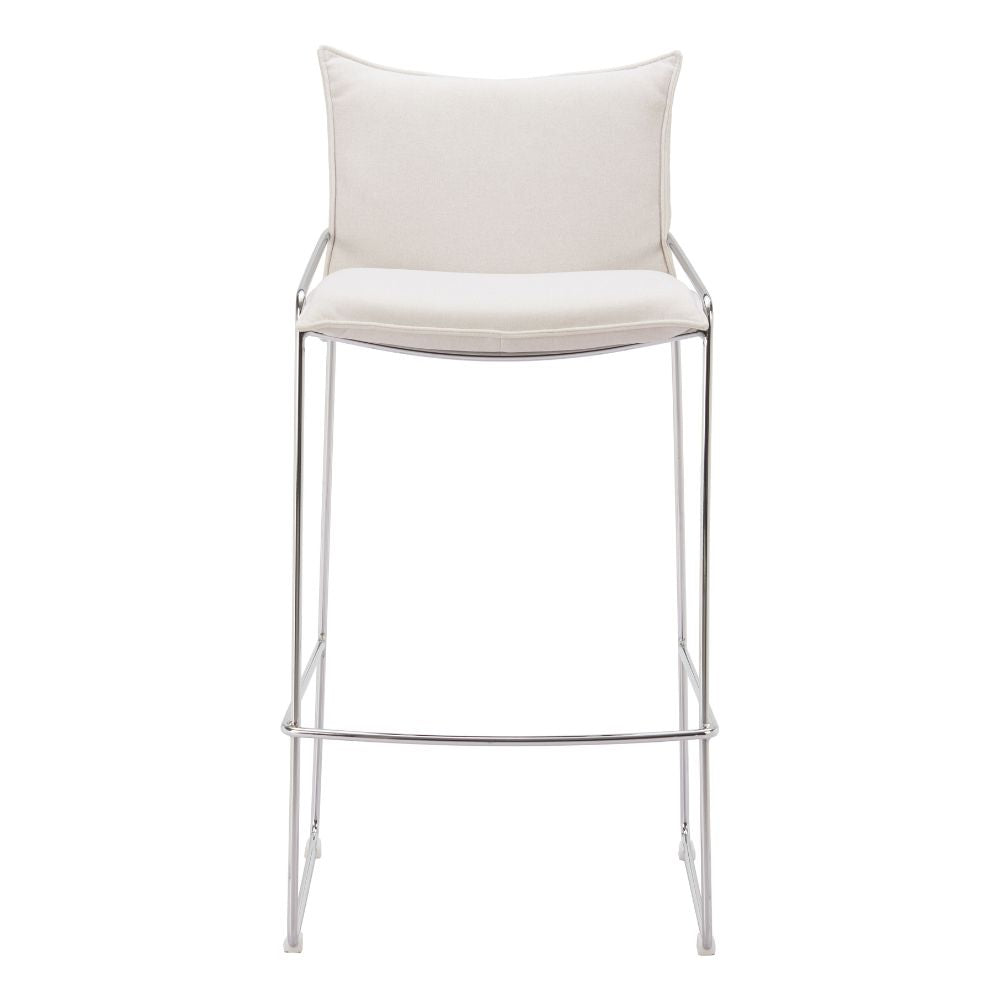 White bar stool with a cushioned seat on a white background