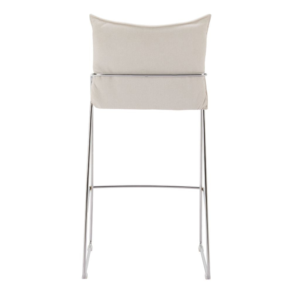 Bar stool with beige cushioned seat and backrest on a white background