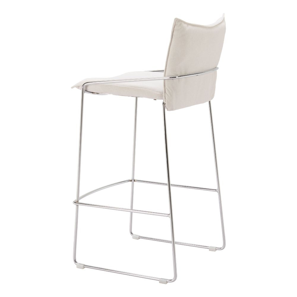 Bar stool with white cushioned seat and backrest on a white background