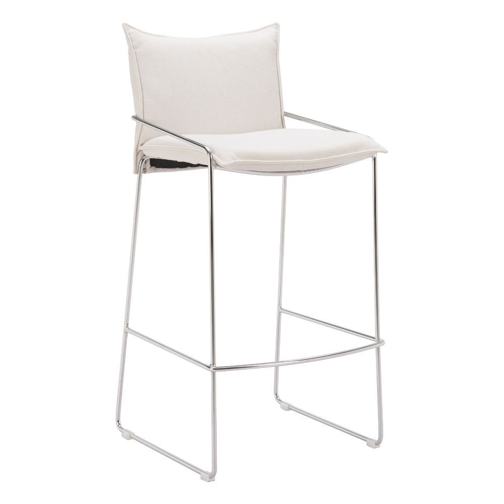 White bar stool with a metal frame on a white background