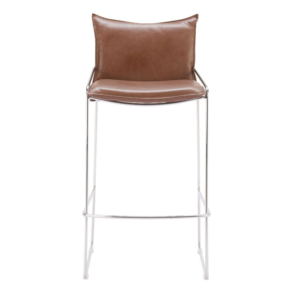 Brown leather bar stool with metal legs on a white background