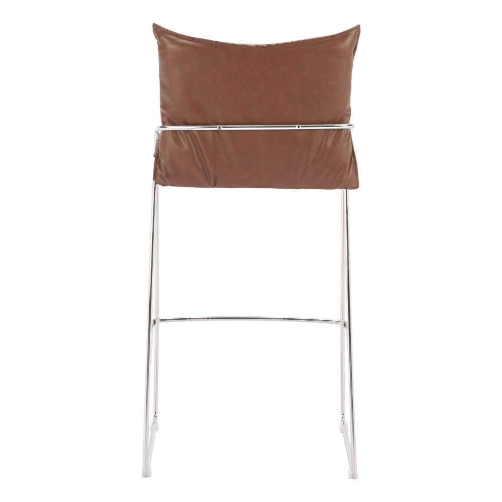Brown leather bar stool with metal legs on a white background