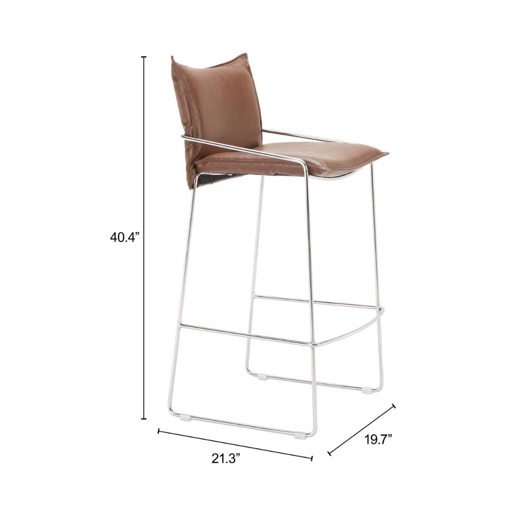 Brown bar stool with dimensions labeled on a white background