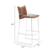 Brown bar stool with dimensions labeled on a white background