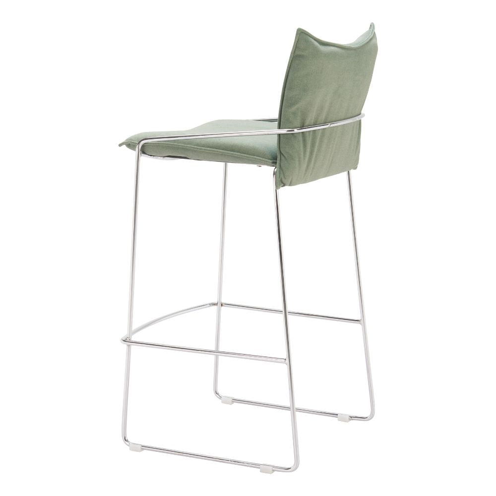 Bar stool with green cushioned seat and backrest on a white background