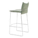 Bar stool with green cushioned seat and backrest on a white background