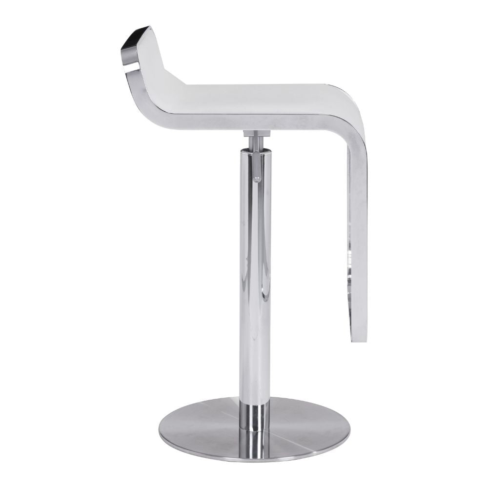 Chrome bar stool with a white seat on a white background