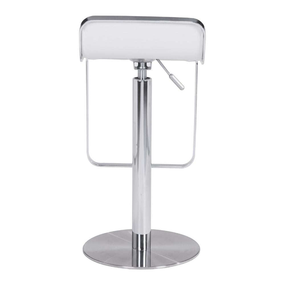 Chrome bar stool with white cushioned seat on a white background