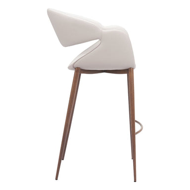 Modern bar stool with white cushioned seat and wooden legs on a white background