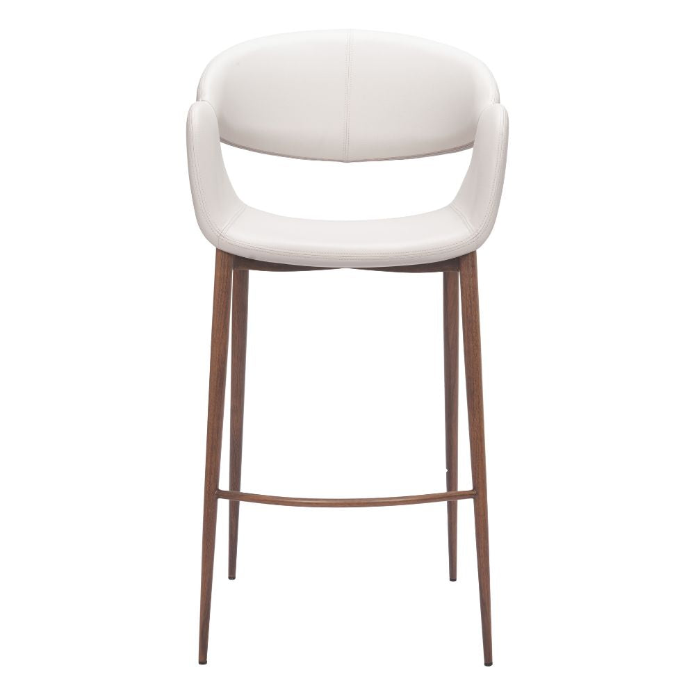 White bar stool with wooden legs on a white background