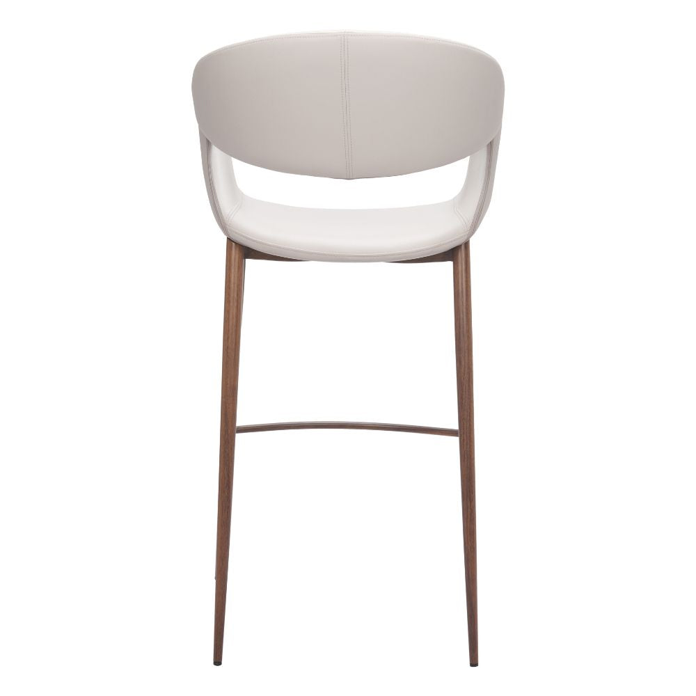 Bar stool with a white seat and brown legs on a white background