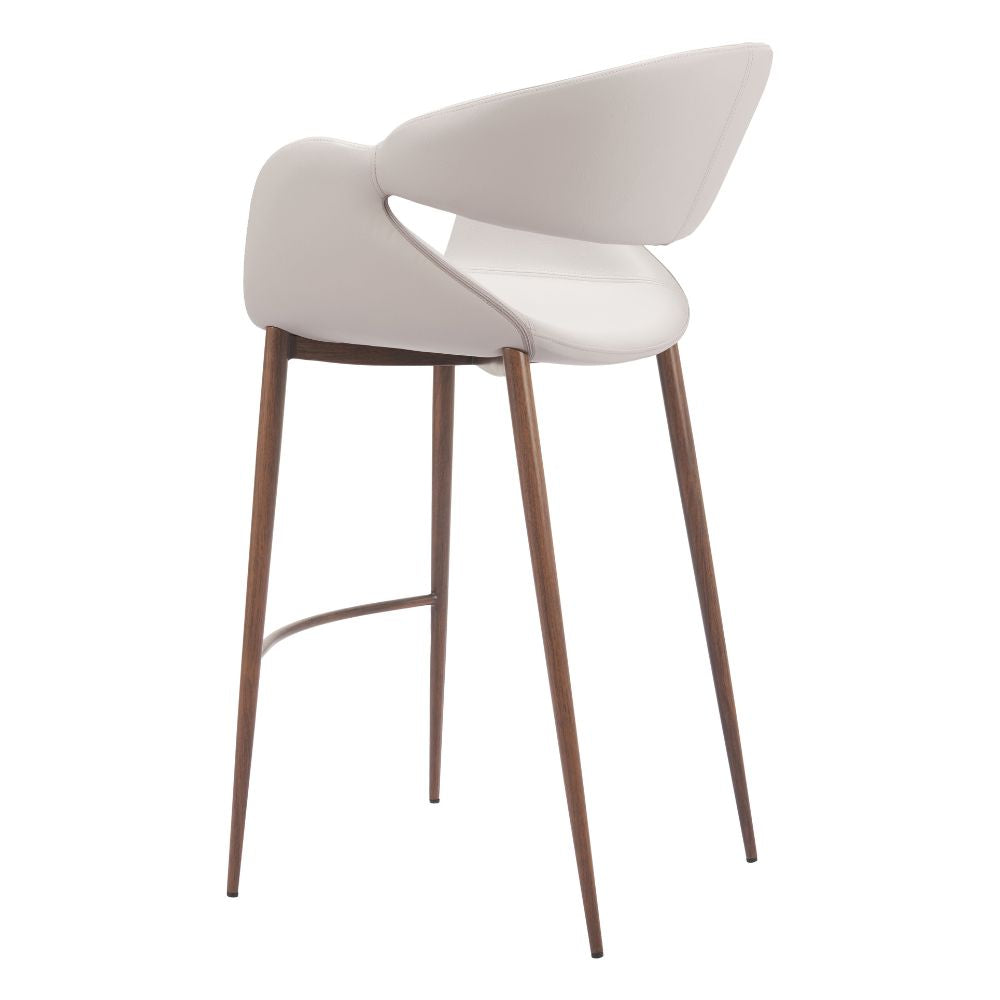 Modern bar stool with white seat and backrest on wooden legs against a white background