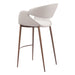 Modern bar stool with white seat and backrest on wooden legs against a white background
