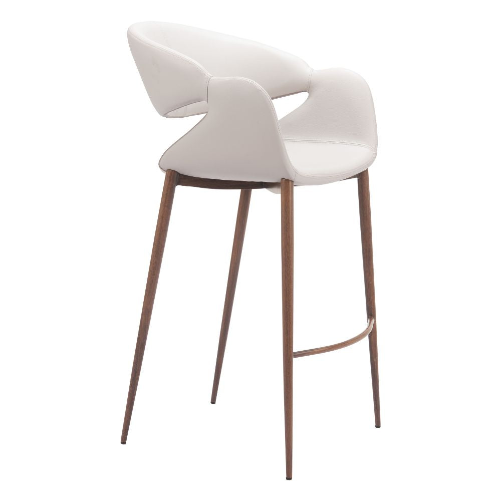 Modern bar stool with white seat and brown legs on a white background