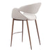 Modern bar stool with white cushioned seat and backrest on wooden legs against a white background