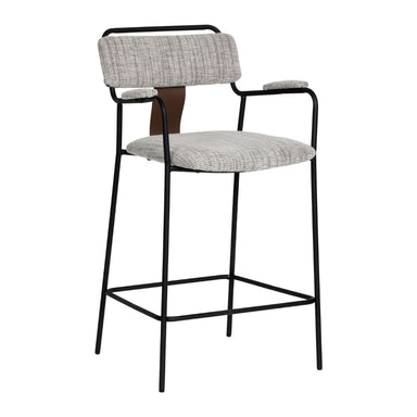 Bar stool with gray cushioned seat and backrest on a white background