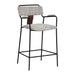 Bar stool with gray cushioned seat and backrest on a white background