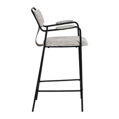 Bar stool with gray cushioned seat and backrest on a white background