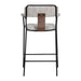 Bar stool with black metal frame, gray cushioned seat, and brown leather strap on a white background