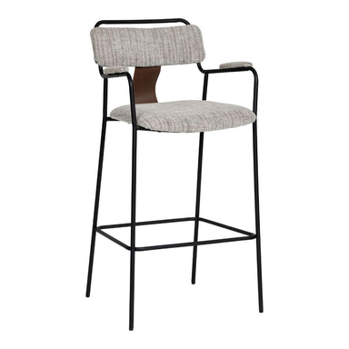 Bar stool with gray cushioned seat and backrest on a white background