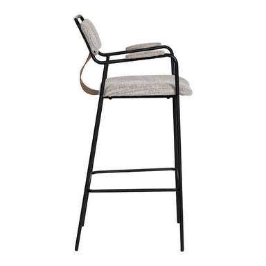 Bar stool with gray cushioned seat and backrest on a white background