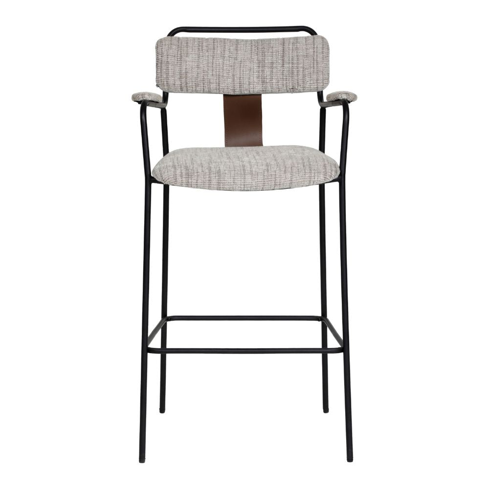 Bar stool with gray cushioned seat and backrest on a white background